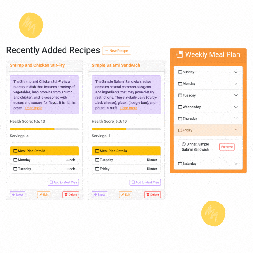 Showing dashboard with recipe and meal plan