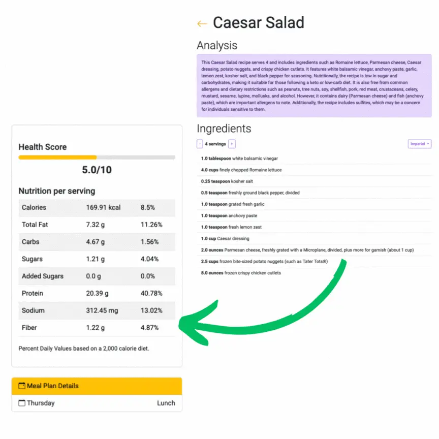 Viewing added recipe nutritional calculations and analysis